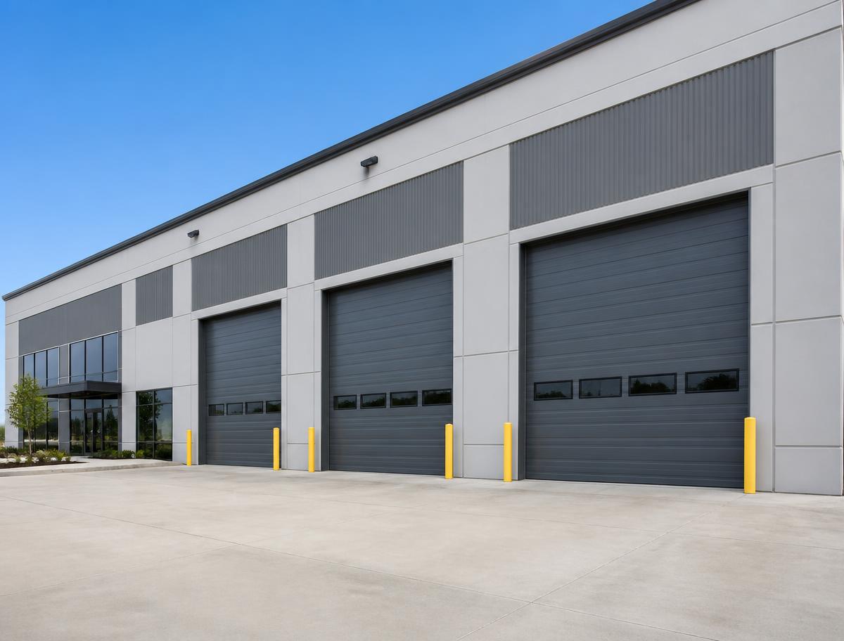 Commercial building with large industrial overhead doors
