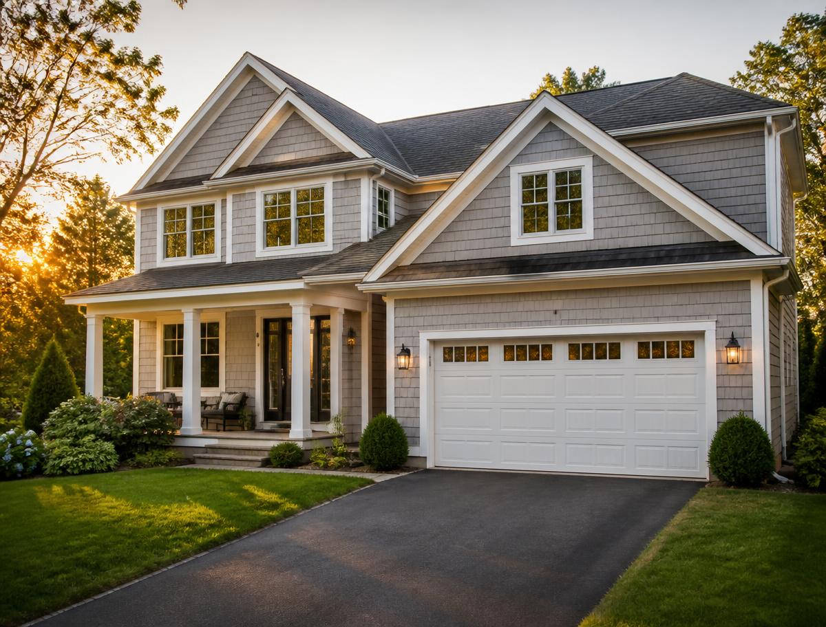 Connecticut home with a newly installed white paneled garage door at golden hour