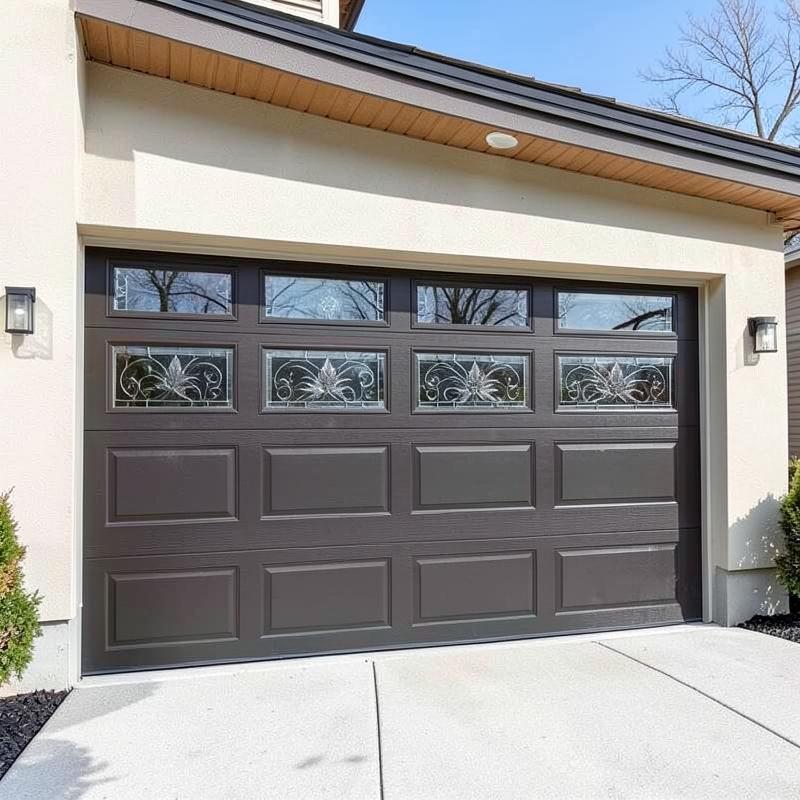 Specialty garage door with decorative glass panels