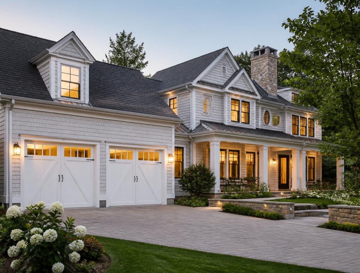 New England home with white carriage-style garage doors at dusk